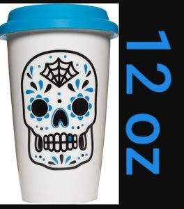 Sourpuss Sugar Skull Tattoo Art 12oz Porcelain Coffee Tumbler w Blue Rubber Lid